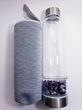 Navaris Amethyst Gemstone Infuser Glass Water Bottle with Grey Sleeve